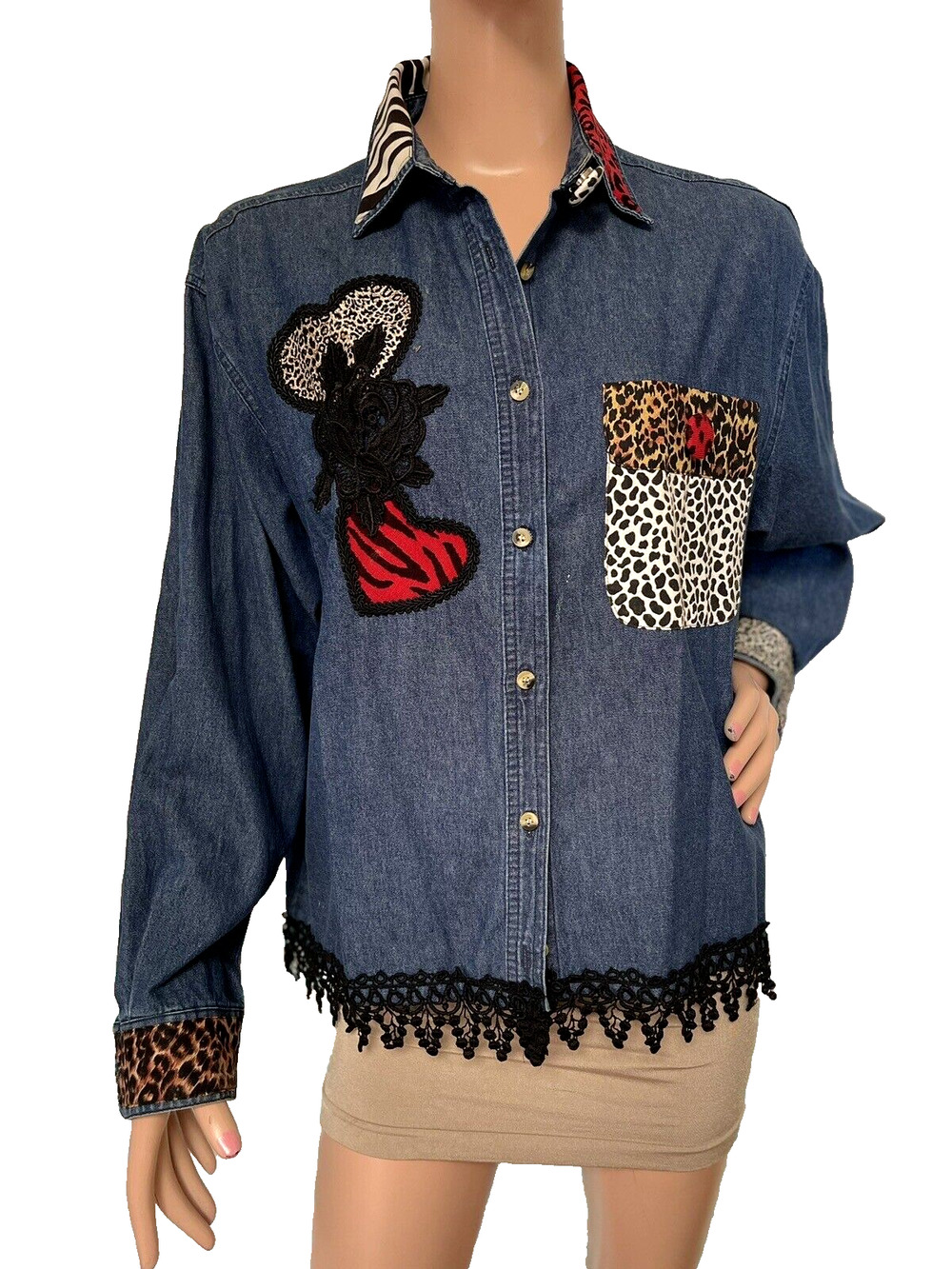 Rhea's Fun Fashion Sz Med Lace Embellished Denim Shirt Jacket Shacket Boho
